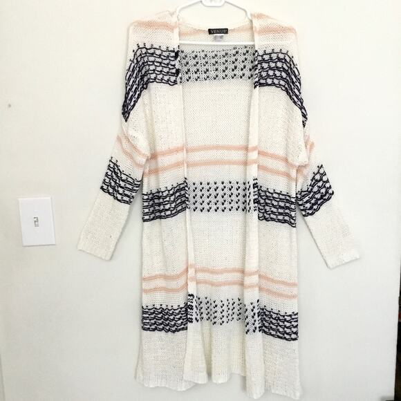 Venus Women Cardigan Long Lightweight White n Blue Minimal Chic Modern Sz XS - Picture 1 of 6